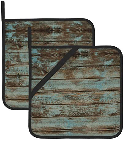 Rustikale alte Scheunen-Holzofen Mikrowelle Topflappen (2-teiliges Set) für Küche Kochen & Backen – hitzebeständig, dick und sicher, Schutz der Hände vor heißen Utensilien, Grill, BBQ