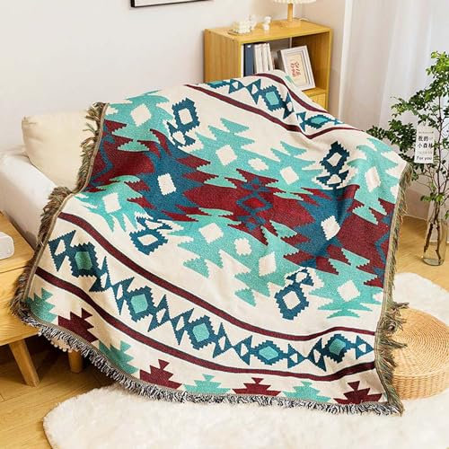 Boho Style Decke Tagesdecke Mit Fransen,Doppelseitig Sofa Decke,Aztekischer Ethnischer Stil Decke,Multifunktionsdecke,Für Zuhause,Büro,Reisen, Zelten(130 * 180 cm)