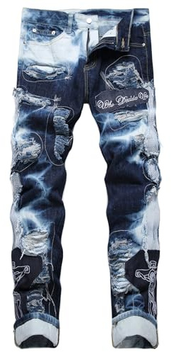 Baylvn - Jean pour homme, style designer, déchiré, usé, stretch, avec patchs, skinny, 52