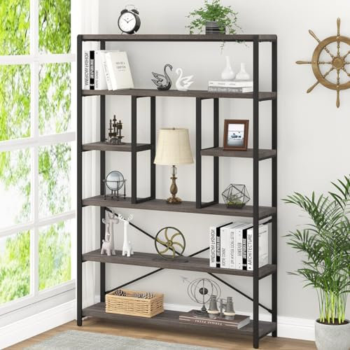 LVB Industrial Tall Bookshelf, Modern Wood Metal 6 Tier Book Shelf, Farmhouse Large 6 Shelf Etagere Bookcase, Open Wide Storage Bookshelves and Bookcases for Bedroom Living Room Office, Dark Gray Oak