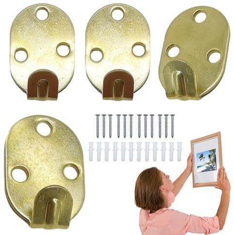 Picture Frame Hooks 4 Pcs Iron Heavy Duty Picture 1 Hole Fixings Hanging Frame Hangers with Screws & Expansion Tubes, Extension Wall Plugs to Hang Mirrors,Pictures,Photos,Artwork,Keys,Kitchenware