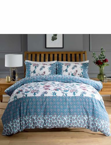 Deyongs Jacobean Reversible Duvet Set, 100% Polycotton, Blue Floral Pattern, Includes Pillowcases, Machine Washable, Available in Single, Double, King, and Super King Sizes [BL-S]