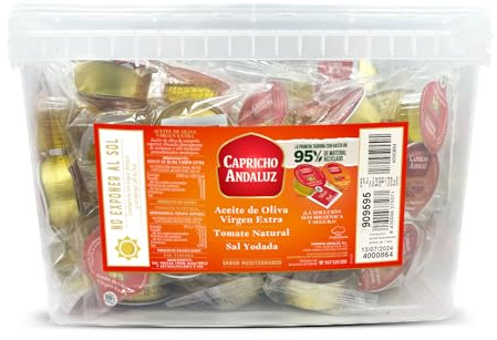 Capricho Andaluz - Cubo Monodosis 40 Unidades Mix Aceite y Tomate | Aceite de Oliva Virgen Extra 10 ml, Tomate Natural Triturado 25 g y Sal Yodada 1 g, para Desayuno, Catering y Restauración