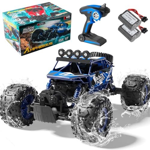 BananMelonBM 1:10 Amphibious 4WD Large RC Cars Age 3+, IPX6 Waterproof 30 Km/h Remote Control Car Gifts for Kids 4X4 Off-Road RC Rock Crawler, LED Light, 2.4GHz RC Truck with 2 Batteries 80Mins Play