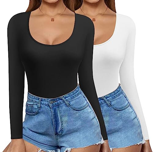 Ekouaer Longsleeve Damen Mode Langarmshirt Slim Fit Y2K Oberteile Basic Langarm Shirts Crop Tops Casual Rundhals T-Shirt 2pcs, Schwarz+Weiß, S