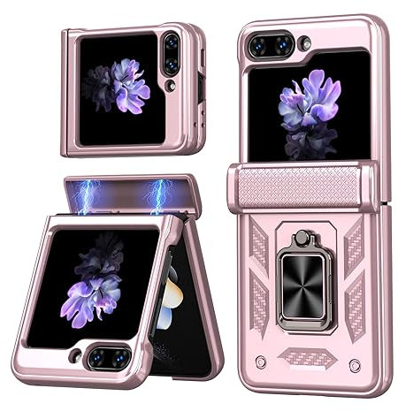 LIUKM Coque pour Samsung Galaxy Z Flip 6, 360 ° Rotatif Support et Protecteur Coulissante de Caméra, Anti-Choc, Charnière Housse- Or Rose