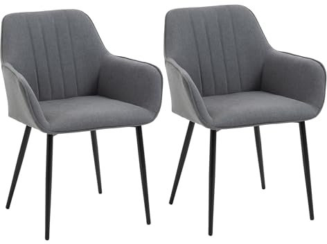 HOMCOM Chaises de Salle à Manger Chaises de Visiteur Design scandinave - Lot de 2 chaises - Pieds effilés métal Noir - Assise Dossier accoudoirs ergonomiques Lin Gris foncé