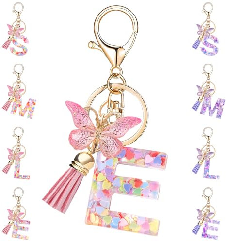 Porte Clef Avec Lettre Initiale Papillon E, Rose Porte Clé Femme Alphabet Porte Clef Voiture Lettre E Personnalisé Pour Femmes Filles Portefeuilles Sac à Main Charme Sac à Main Sac à Dos Charmes