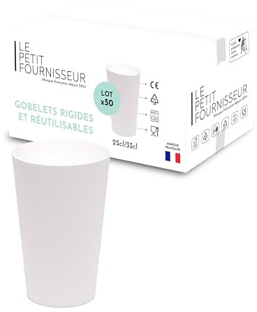 LPF LE PETIT FOURNISSEUR - Lot de 50 Gobelets réutilisables 25cl (33cl à ras-bord) - Polypropylène alimentaire - Gobelets plastique alimentaire rigide - Compatible lave-vaisselle - Couleur Blanche