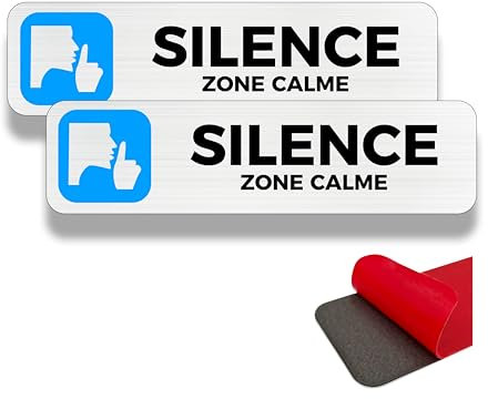 FloraVigo ZONE CALME, 2 panneaux de rappel, keep quiet, 19×5 cm, intérieur/extérieur, panneau aluminium, avec autocollants (SILENCE)