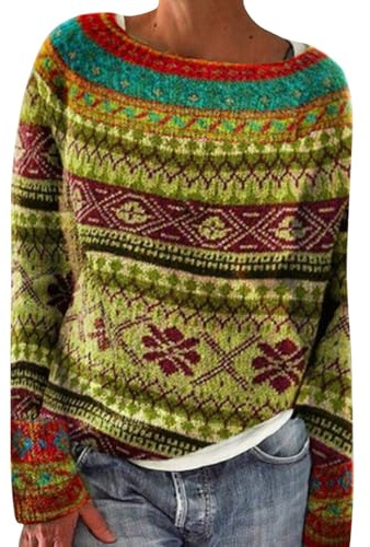 SCBFDI Norweger Pullover Damen, Fair Isle Pullover Damen Elegant Rundhals Pullover Basic Langarmshirt Bunte Strickpullover Casual mit Aufdruck GroßE GrößEn Warm Winter Jumpers