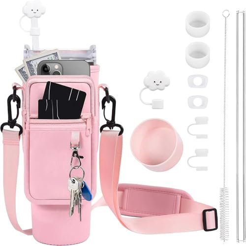 TOEECY Stanley Cup Accessories 6 Pieces Set Contains Straw Cap Leakproof Straw Brush Straw Cup Sleeve for 30 oz 40 oz Cup Capacity Not Included (Pink)