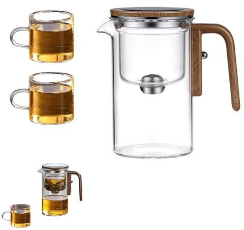 Enchantipot Magische Teekanne, Press Control Magische Teekanne, Wassertrennung Glasteekanne mit Holzgriff, Magische Teekanne Glasteekanne mit Sieb, Geeignet for Verschenken.(520ml+2*cup)