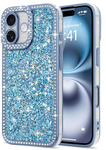 Lafunda for iPhone 16 Case for Women Girls, Luxury Bling Glitter Diamonds Crystal Festival Shiny Case Camera Protection Shockproof Silicone TPU Phone Cover for iPhone 16 6.1, Blue