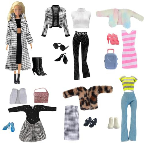 Doll Clothes Compatible with Barbie Clothes, Including 6 Fashion Sets, 1 Handbag, 1 Suitcase, 1 Glasses, 6 Pairs of Shoes for 11.5 inch Dolls on Christmas Holiday