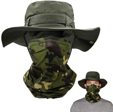 SEFIRST 1 Stück Sonnenhut Fischerhut Herren, 1 Stück Schlauchschal, UPF 50+ Wanderhut Sommerhut Wasserdicht Breiter Krempe Camo Safari Hut Armee Boonie Hut mit Kühlender Outdoor Anglerhu