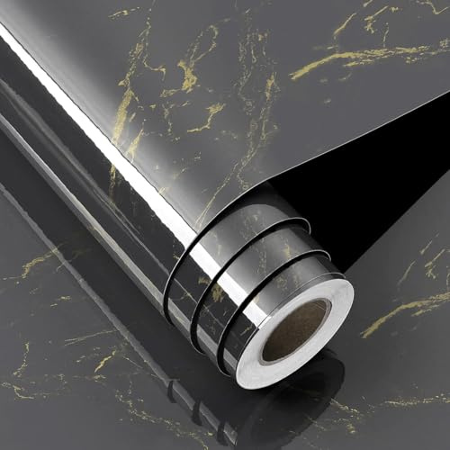 FunStick 90CMx5M Dark Grey and Gold Wallpaper Marble Effect Bathroom Wallpaper Black Grey and Gold Sticky Marble Effect Worktop Covering Black Kitchen Vinyl Wrap for Kitchen Table Furniture Waterproof