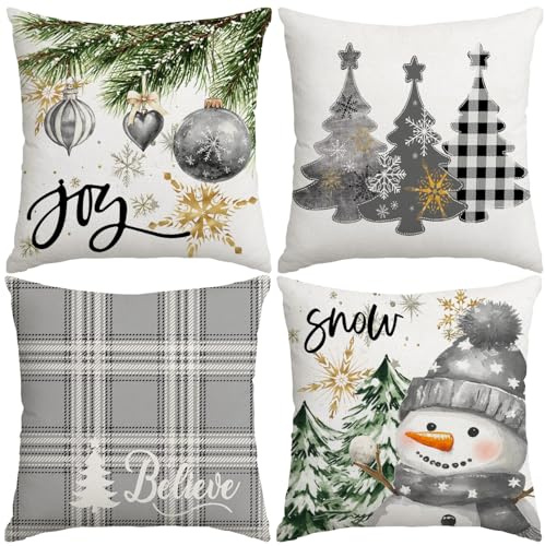 Miaikoe Weihnachtskissen Abdeckungen 40x40cm, Dekorative Bauernhaus Weihnachtsbaum Buffalo Plaid Glauben Schneemann Kissen Shams Fälle Slipcovers Set von 4 für Couch Sofa Grau