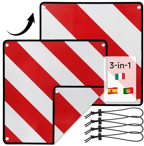 MIKKUPPA Warntafel Fahrradträger für Italien, Spanien & Portugal – ECE R70 geprüft-Reflektierendes Warnschild aus Aluminium – inkl. Tasche & Spanngurten – 50 x 50 cm