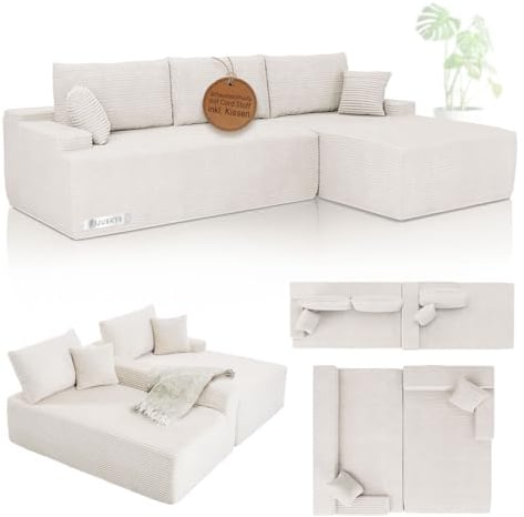 Juskys Sofa Coredo - modernes Cord Sofa mit Ottomane rechts, gemütliche Couch mit Schaumstoffpolsterung, Cordbezug & Kissen, modular - Creme