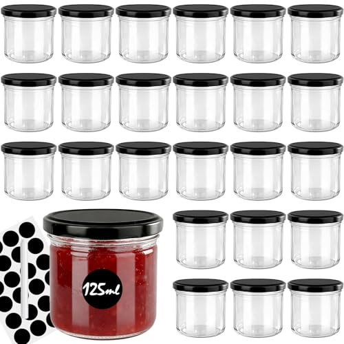 Otauoaea 24 Mini Pot Confiture 125ml, Petit Pot en Verre avec Couvercle à Vis, Bocaux en Verre Conserve avec Étiquettes et Stylos, Bocal Verre Hermétique pour Miel, Yaourt, Conserves