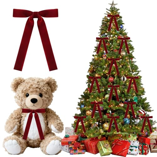 24 Pack Christmas Tree Bows, 5x7 Inch Burgundy Velvet Twist Ties | Wine red 1-inch wide ribbons for wreaths, door garlands & gift wrapping. Ideal holiday decor.