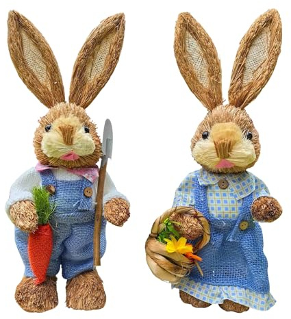 Kertaym Osterhase Deko 35cm, Landhausstil Osterdeko, Handgeflochtene Osterhasen Figuren Groß Aus Naturstroh, Frühlingsdeko Für Tisch Fensterbank, Niedliche Ostergeschenke (C)