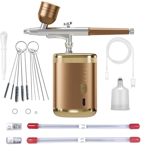 Airbrush kit: Handheld Spray Paint Gun with 0.2/0.3/0.5mm Nozzle, Rechargeable Cordless Spray Gun Sets suitable:air brush for Nails, Art, Color Spraying, Cake Decoration, Model Tattoos & Makeup (gold)
