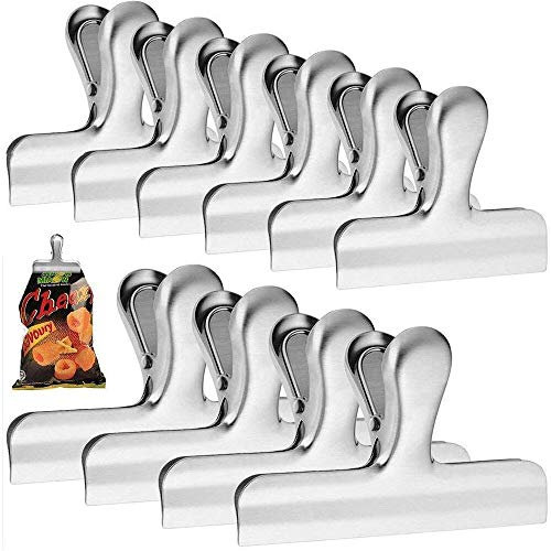 Lelek Paquets de 10 pinces de fermeture de sac en acier inoxydable résistant, 7,5 cm de large pour la maison ou le bureau nourriture en métal silver