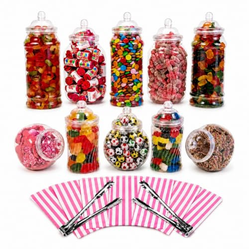 10 Assorted Plastic Sweet Jars, 2 tongs, 50 Bags for Parties, Weddings, Candy Buffet (Pink)