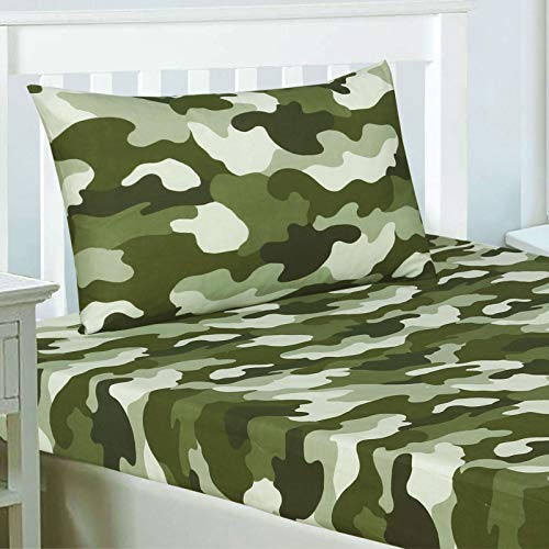 Price Right Home Army Camouflage Single Fitted Sheet Set Green (RAP112) | 1 Fitted Sheet & 1 Pillowcase, 48% Cotton 52% Polyester, Machine Washable, Tumble Dry, Khaki