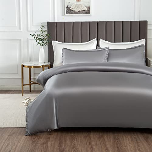 Morbuy Silk Satin Single Duvet Cover with 2 Pillowcases, Grey Bedding Set Easy Care Duvet Cover Set with Zipper Closure - Luxury Ultra Soft Quilt Cover 3 Piece - 135x200cm