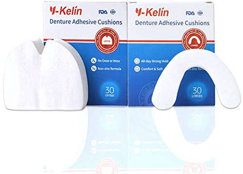 Y-Kelin Denture Adhesive Cushions Uppers & Lowers, Adhesive-Free Denture Pads for Sore Gums, 30 Pads*2 (60 Strips)