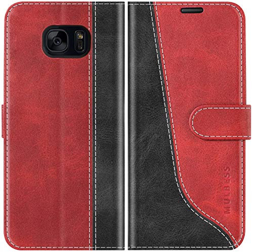 Mulbess für Samsung Galaxy S7 Hülle, Handyülle Leder mit Kartenfach, Klapphülle mit Magnetverschluss, Flip Case Etui Handytasche Schutzhülle, Stilvoll Wein Rot