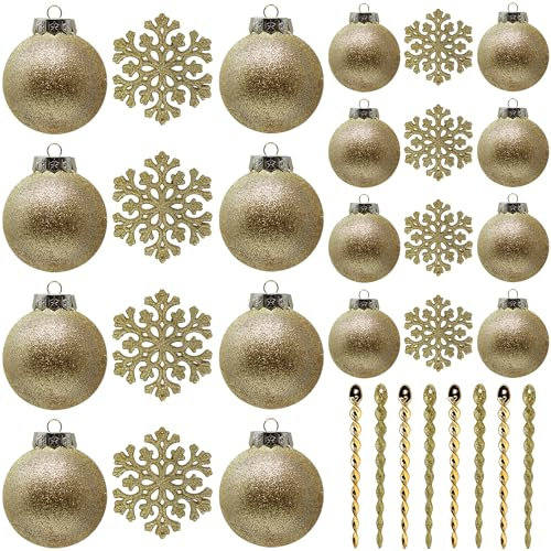 Goldene Kugeln für Christbaumschmuck, bruchsicherer Kunststoff 60 mm und 80 mm Glitzer-Schneebälle, Eiszapfen und Schneeflocken, Ornament-Set mit 32 Stück