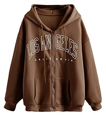 ORANDESIGNE Damen Grafikdruck Hoodie Jacke Teenager Mädchen Oversize Vintage Reißverschluss Kapuzenjacke Zip Up Kapuzenpullover Sweatshirt mit Kapuze 90er Y2K E-Girl Übergangsjacke K Braun S