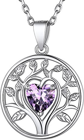 925 Sterling Silver Tree of Life Necklaces Simulated Purple Amethyst February Birthstone Dainty Small Heart Family Tree Pendant Necklace for Women Girls Teens