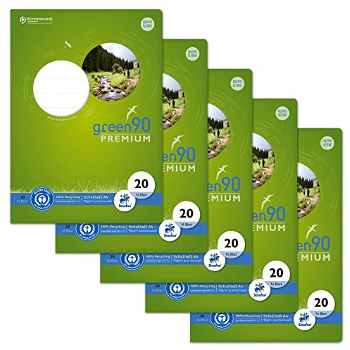 Staufen Green Heft - DIN A4, Lineatur 20 (blanko), 16 Blatt, premiumweißes 90 g/m² Recyclingpapier, runde Ecken verhindern „Eselsohren“, 4 verschiedene Motive (keine Auswahl möglich), 5 Stück