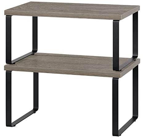 Set of 2 Kitchen Counter Shelf Stackable Cabinet Organizer Expandable Countertop Shelves Cabinet Shelf Organizers Grey Wood Tabletop Shelf Bathroom Counter Organizer