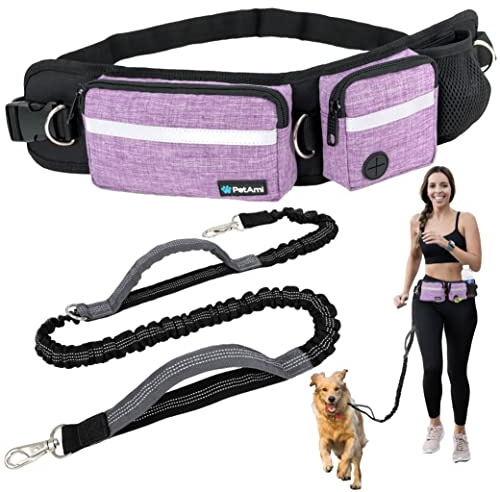 PetAmi Guinzaglio per cani a mani libere, guinzaglio da corsa per passeggiate, jogging, marsupio con doppia cerniera per cani con dispenser per sacchetti per cacca, doppio manico imbottito guinzaglio
