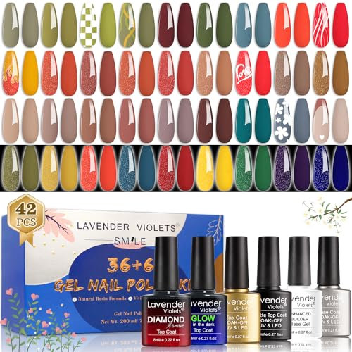 Lavender Violets UV-Gel-Nagellack 42 PCS mit Base und Matte-Glänzende/Diamant/Glow in the dark No Wipe Top Coat Soak Off LED neues Jahr Maniküre Shellac Farbgel Gelnägel für Anfänger und Profis C515
