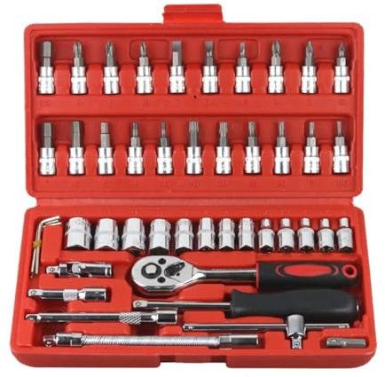 46-Piece 1/4 Inch Ratchet Socket Wrench Set with Storage Case, Includes Metric Bit Sockets and Extension Bars for Car Repair and Home Maintenance