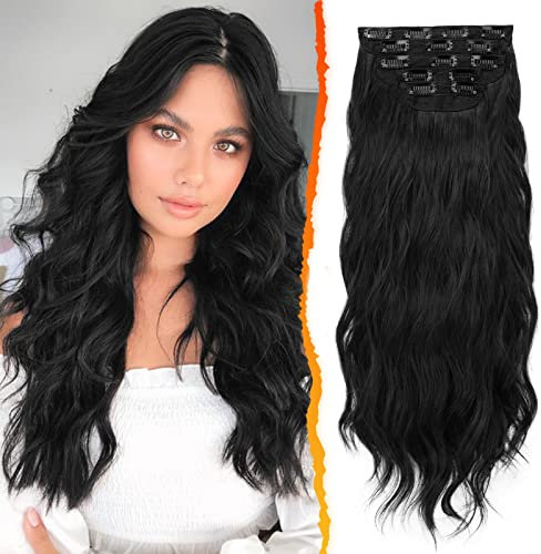 BARSDAR Clip in Extensions, 5 PCS Lange Wellige Clip in Haarverlängerungen Dickes Natürliches Weiches Synthetisches Haarteil Für Frauen Mädchen -45 cm, Natürliches Schwarz