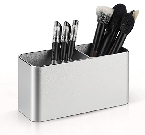 efuturetime Stiftehalter Schreibtisch Silber Metall, Schreibtisch Organizer Aluminium, Kosmetik Pinselhalter, Stifteköcher für Büro, Kinder, Rechteckig