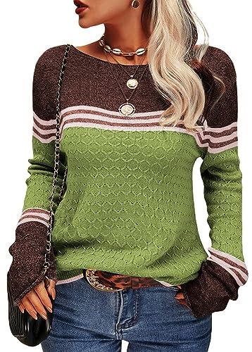 Tankaneo Damen Pullover Colorblock Langarm Rundhals Strickpullover Gestreift Slim Fit Strickwaren Tops