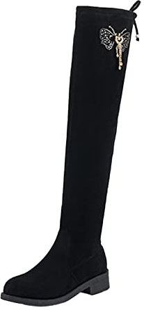 DAIFINEY Damen Strass Schmetterling Stretch Volltonfarbe Runde Zehe Reißverschluss Mode Mittelabsatz Chunky Heel Overknee Stiefel Jack Lammfell