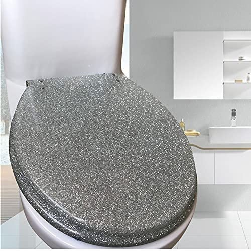 Glitter Resin Toilet Seat, Round Toilet Seat Soft Close, Easy to Install and Remove, for Standard Toilets(Four Colors Available)/Silver