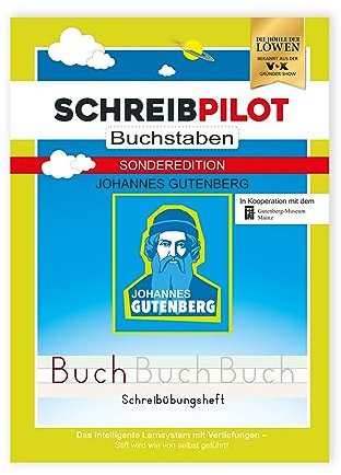 Schreibathlet: Schulheft für ABC-Schützen mit vorgeprägten Buchstaben - Sonder-Edition Johannes Gutenberg | Inkl. Bleistift und Radiergummi [deutsch]