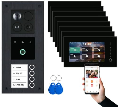 BALTER ERA Schwarz IP Unterputz Video-Türsprechanlage mit Fingerprint Set 4 Familienhaus (1x Türstation mit Full HD Kamera, 8x Touchscreen 7 WiFi-Monitor Schwarz, Android & iOS APP, 2-Draht, RFID)