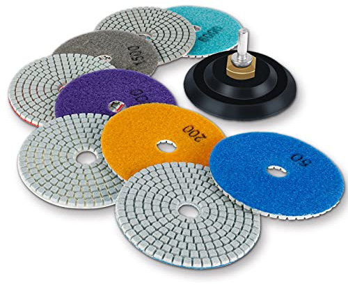 11Pcs Diamond Polishing Pads Kit 4 inch 100mm Wet Dry Stone Granite Tile Polish Pad Kit 50 100 200 500 800 1500 3000 6000 Grit Sanding Pads for Concrete Marble Countertop Quartz